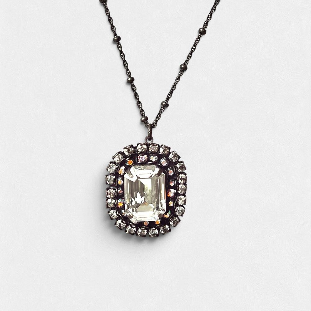 Vtg Liz Palacios SF Pendant Necklace Antique Silver Smoky Gray Glass Double Halo